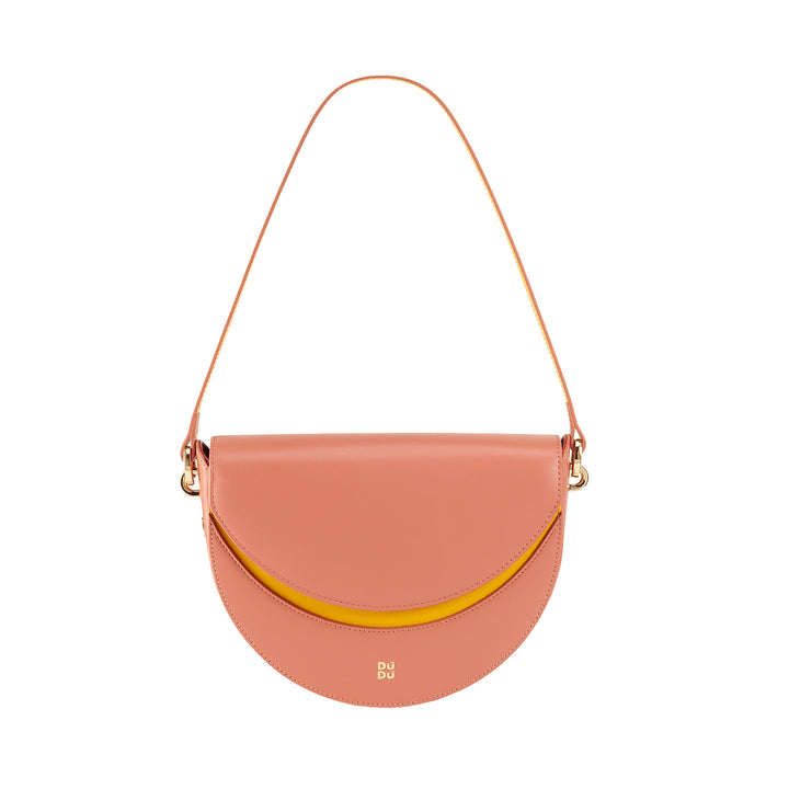 Bolsa de ombro feminina DUDU em couro genuíno, crescente rígido, fabricada na Itália, bolsa com aba e alça dupla, fecho magnético