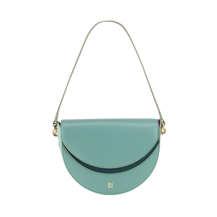 Bolsa de ombro feminina DUDU em couro genuíno, crescente rígido, fabricada na Itália, bolsa com aba e alça dupla, fecho magnético