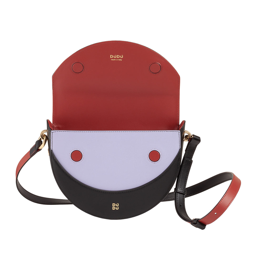 Bolsa de ombro feminina DUDU em couro genuíno, crescente rígido, fabricada na Itália, bolsa com aba e alça dupla, fecho magnético