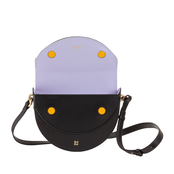 Bolsa de ombro feminina DUDU em couro genuíno, crescente rígido, fabricada na Itália, bolsa com aba e alça dupla, fecho magnético