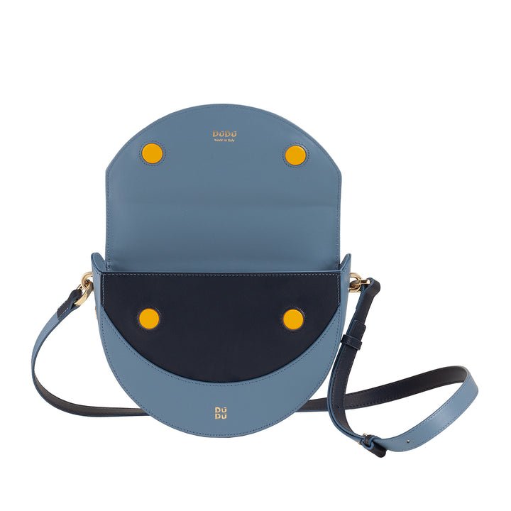 Bolsa de ombro feminina DUDU em couro genuíno, crescente rígido, fabricada na Itália, bolsa com aba e alça dupla, fecho magnético