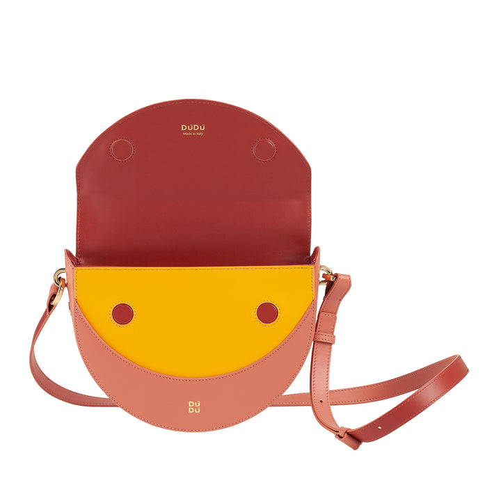 Bolsa de ombro feminina DUDU em couro genuíno, crescente rígido, fabricada na Itália, bolsa com aba e alça dupla, fecho magnético