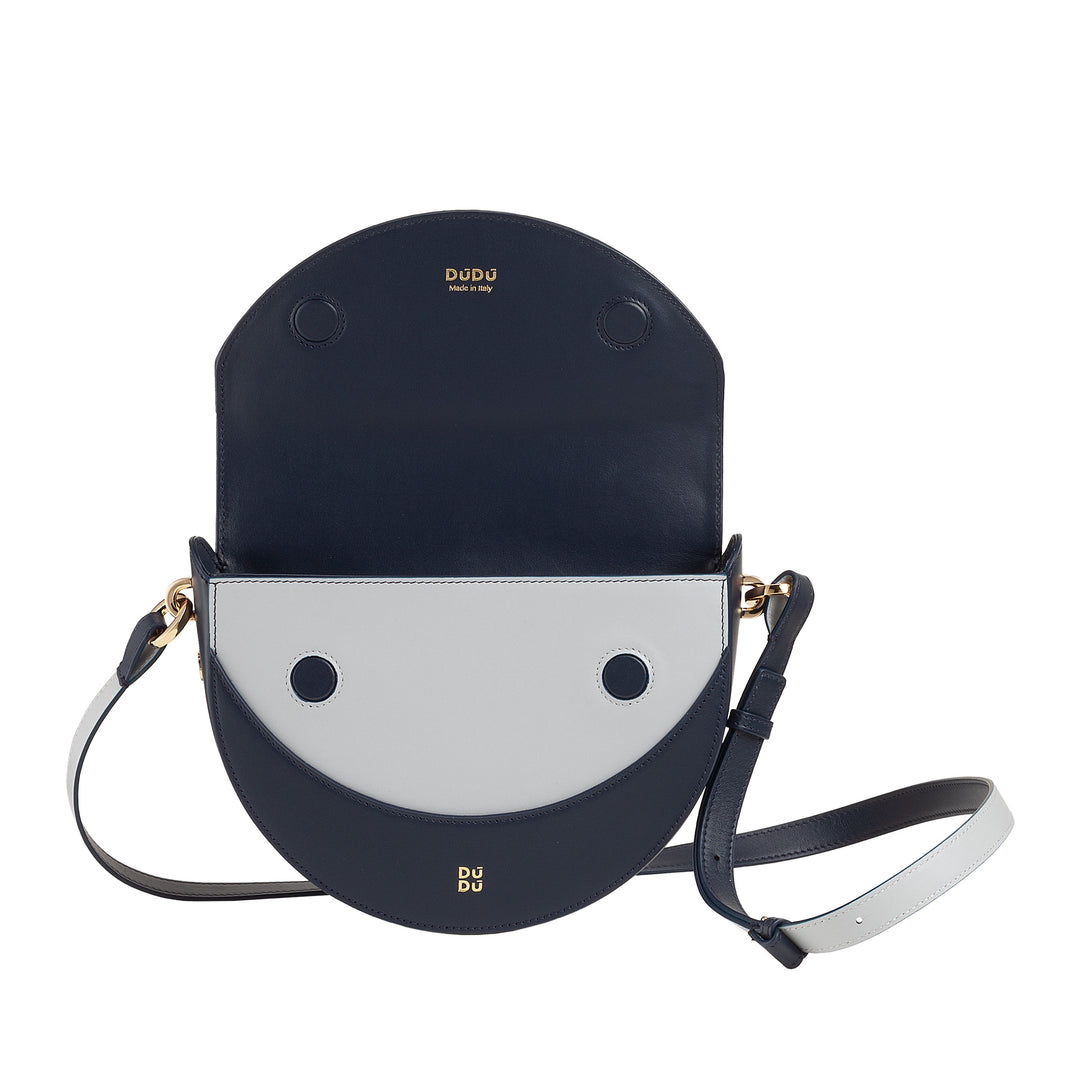 Bolsa de ombro feminina DUDU em couro genuíno, crescente rígido, fabricada na Itália, bolsa com aba e alça dupla, fecho magnético