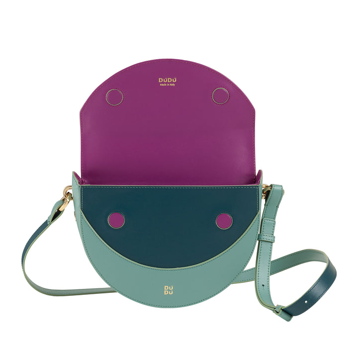 Bolsa de ombro feminina DUDU em couro genuíno, crescente rígido, fabricada na Itália, bolsa com aba e alça dupla, fecho magnético
