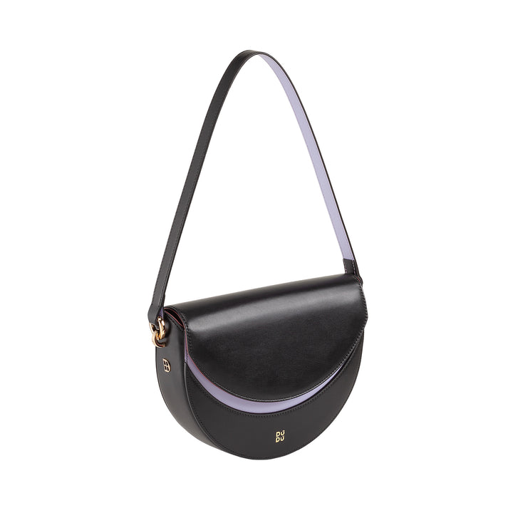 Bolsa de ombro feminina DUDU em couro genuíno, crescente rígido, fabricada na Itália, bolsa com aba e alça dupla, fecho magnético