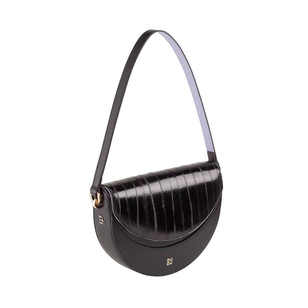 Bolsa de ombro feminina DUDU em couro genuíno, crescente rígido, fabricada na Itália, bolsa com aba e alça dupla, fecho magnético