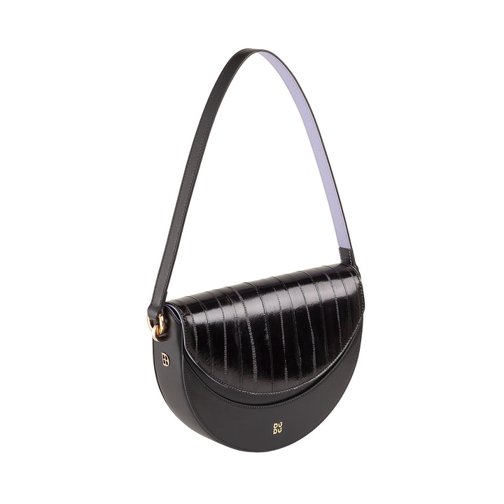 Bolsa de ombro feminina DUDU em couro genuíno, crescente rígido, fabricada na Itália, bolsa com aba e alça dupla, fecho magnético