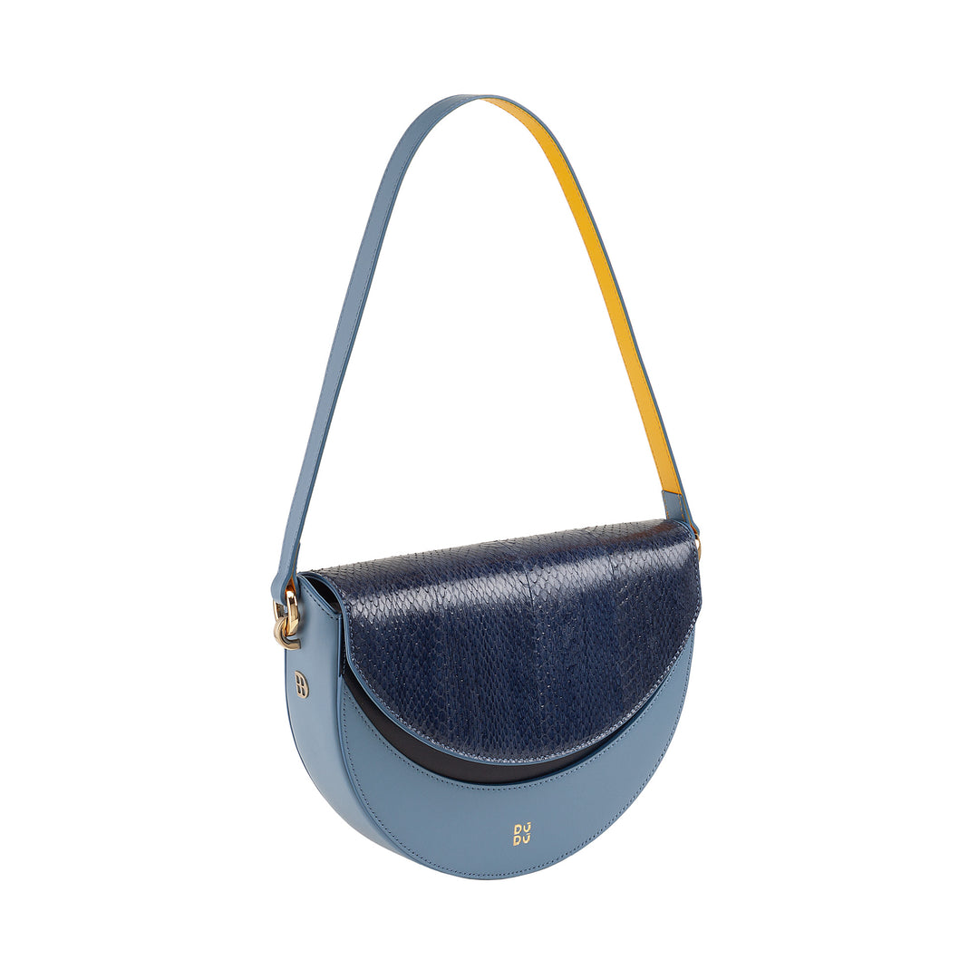 Bolsa de ombro feminina DUDU em couro genuíno, crescente rígido, fabricada na Itália, bolsa com aba e alça dupla, fecho magnético