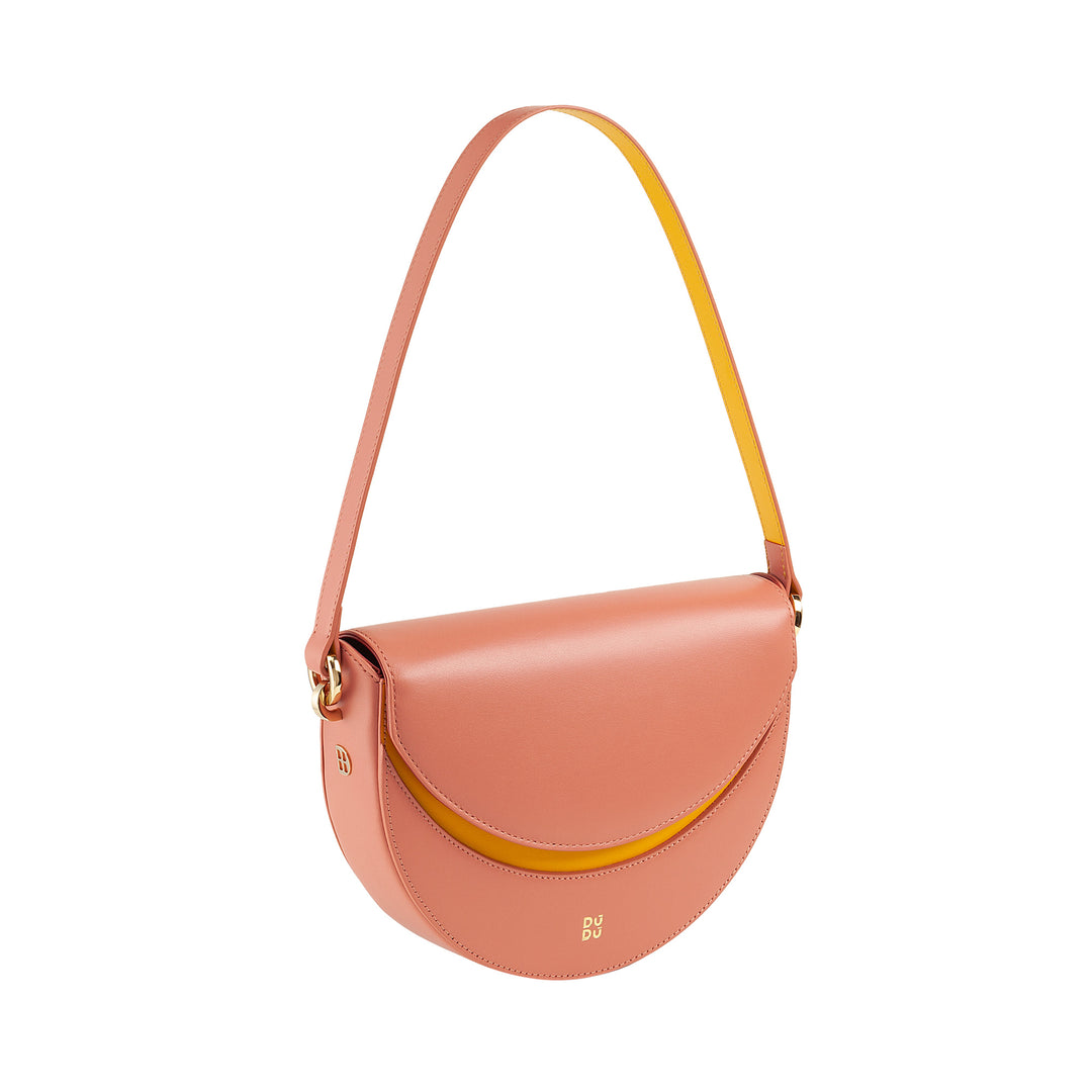 Bolsa de ombro feminina DUDU em couro genuíno, crescente rígido, fabricada na Itália, bolsa com aba e alça dupla, fecho magnético