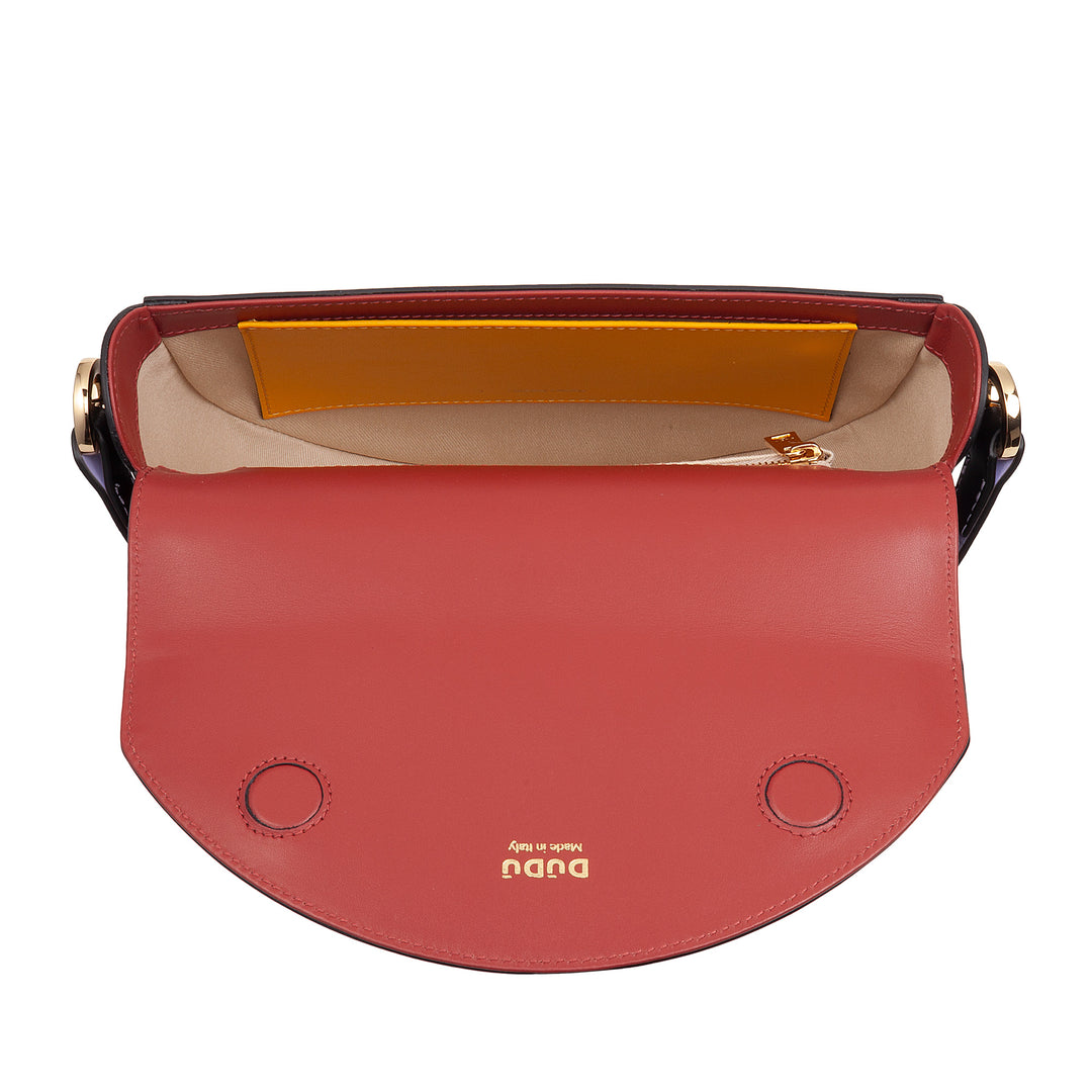 Bolsa de ombro feminina DUDU em couro genuíno, crescente rígido, fabricada na Itália, bolsa com aba e alça dupla, fecho magnético