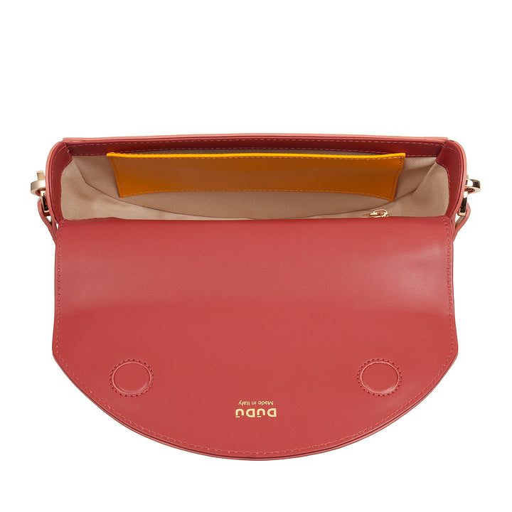Bolsa de ombro feminina DUDU em couro genuíno, crescente rígido, fabricada na Itália, bolsa com aba e alça dupla, fecho magnético
