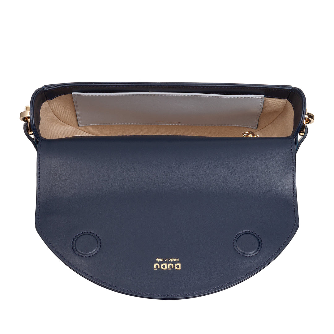 Bolsa de ombro feminina DUDU em couro genuíno, crescente rígido, fabricada na Itália, bolsa com aba e alça dupla, fecho magnético