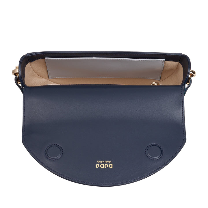 Bolsa de ombro feminina DUDU em couro genuíno, crescente rígido, fabricada na Itália, bolsa com aba e alça dupla, fecho magnético