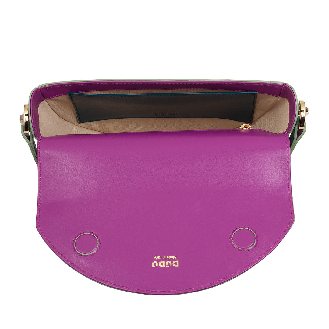 Bolsa de ombro feminina DUDU em couro genuíno, crescente rígido, fabricada na Itália, bolsa com aba e alça dupla, fecho magnético