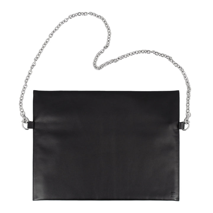 DUDU Women's Black Leather Shoulder Bag with Elegant Thin Design Chain with Zipper
