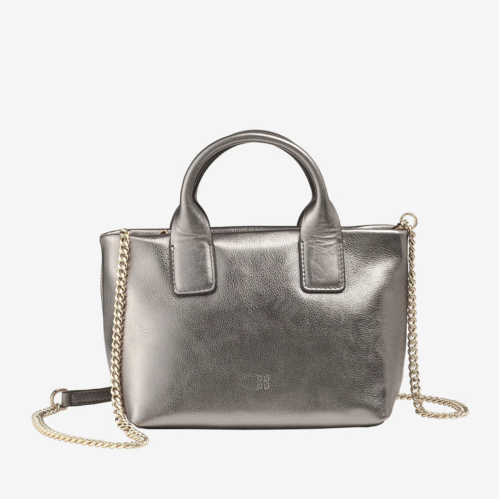 Bolsa de ombro feminina pequena DUDU em couro genuíno, mini bolsa de noite elegante, 22 x 13 cm, alças duplas, alça de ombro em corrente, fecho de correr