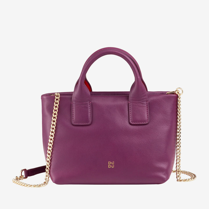 Bolsa de ombro feminina pequena DUDU em couro genuíno, mini bolsa de noite elegante, 22 x 13 cm, alças duplas, alça de ombro em corrente, fecho de correr