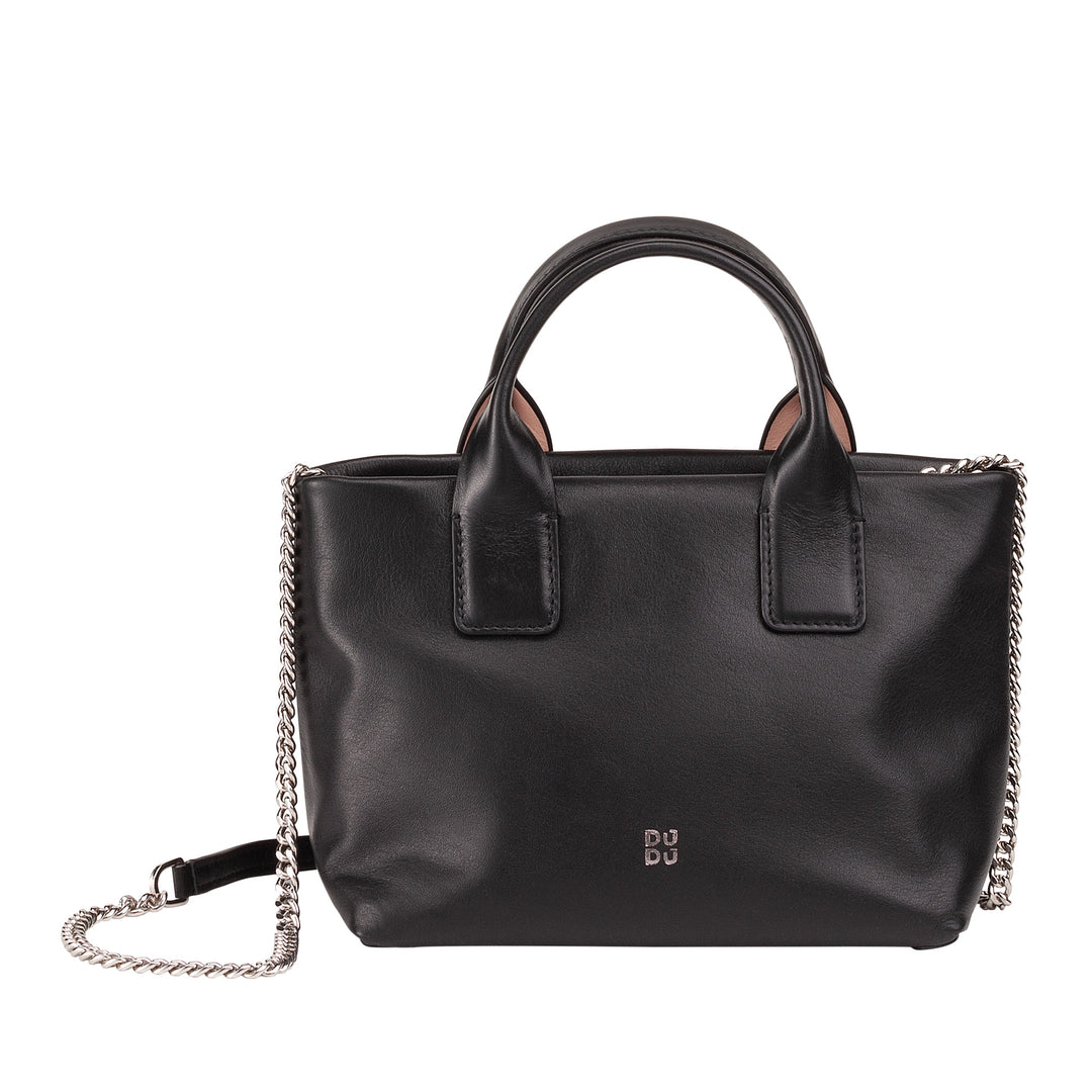 DUDU kleine damesschoudertas van echt leer, elegante avondminitas, 22 x 13 cm, dubbele handvatten, kettingschouderriem, ritssluiting