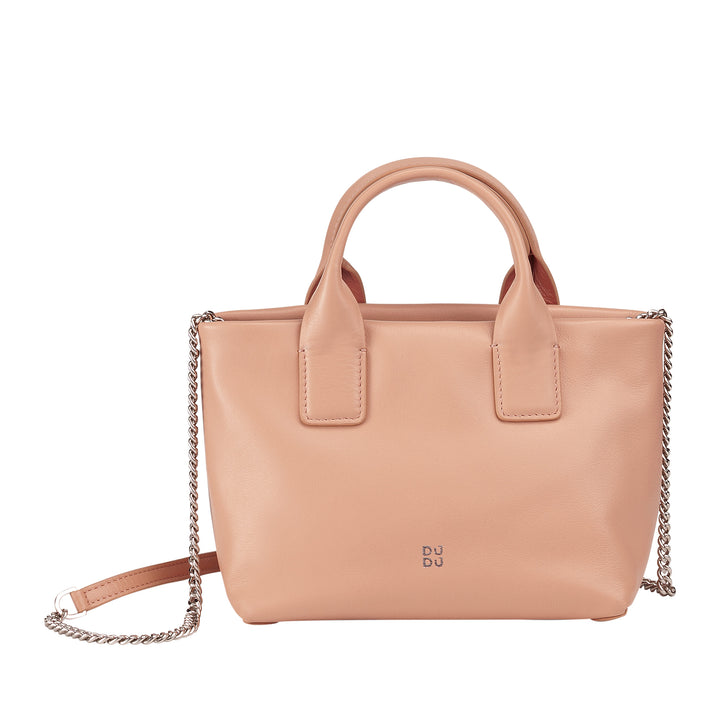 DUDU Small Women's Shoulder Bag in Genuine Leather, Elegant Evening Mini Bag, 22 x 13 cm, Double Handles, Chain Shoulder Strap, Zip Closure