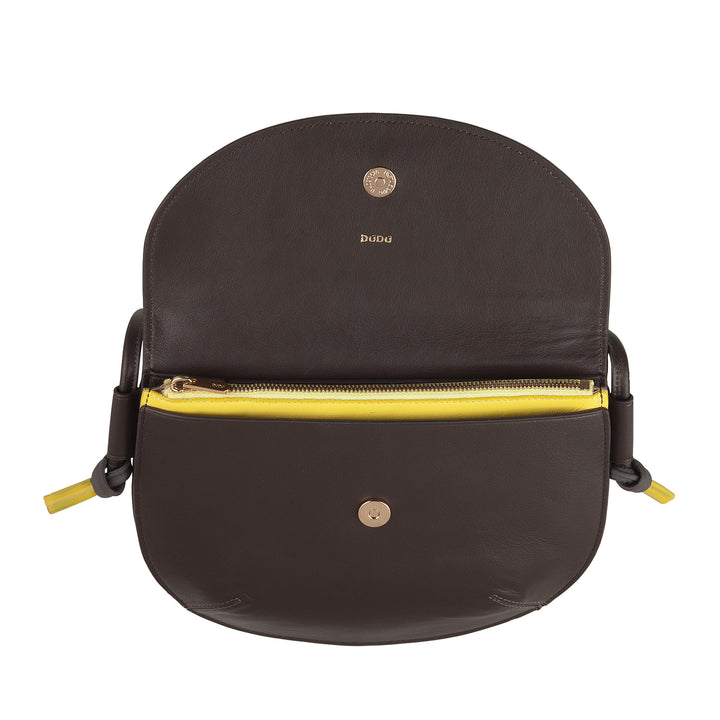 DUDU Women's Shoulder Bag with Flap in Genuine Leather, Small Shoulder Bag with Magnetic Button Flap, Handbag