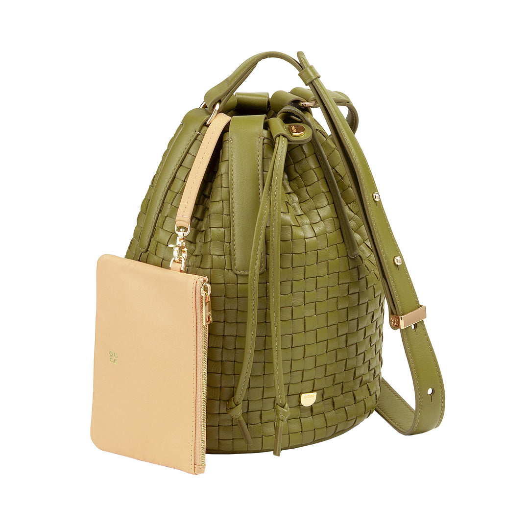 DUDU Women's Large Bucket Bag in Woven Leather - Elegant Crossbody Shoulder Bag with Adjustable Shoulder Strap, Drawstring and Internal Clutch - Casual Chic Artisan Style for Work Leisure