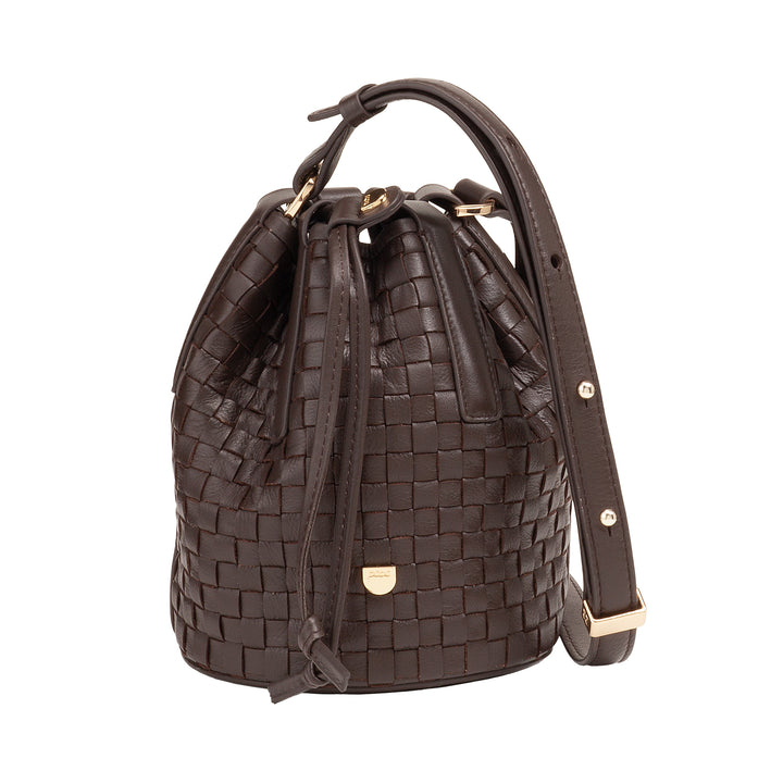 DUDU Woven Leather Bucket Bag - Small Women's Handbag with Adjustable Shoulder Strap, Drawstring and Internal Clutch, Elegant and Craftsmanship
