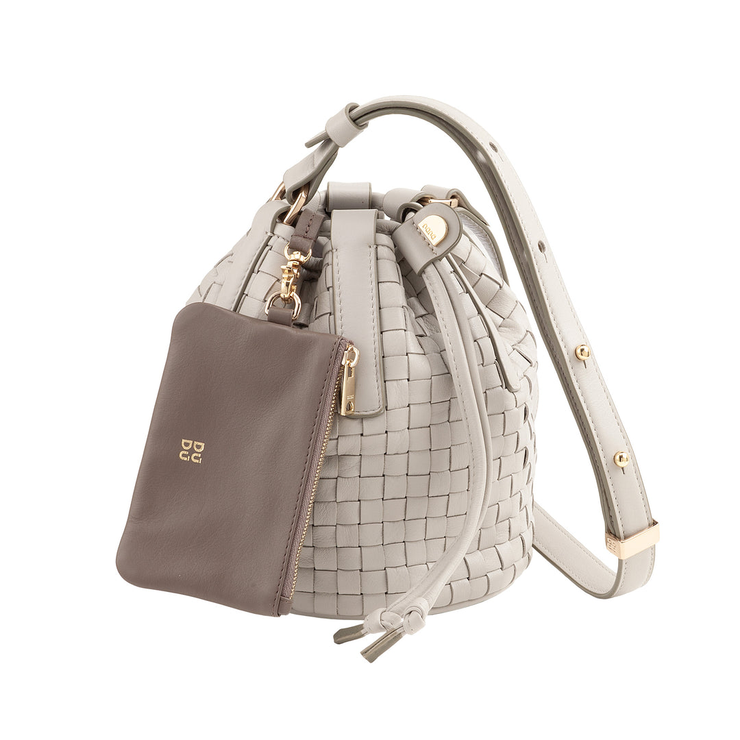 DUDU Woven Leather Bucket Bag - Small Women's Handbag with Adjustable Shoulder Strap, Drawstring and Internal Clutch, Elegant and Craftsmanship