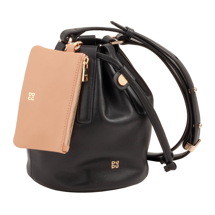 DUDU Women's Small Bucket Bag in Genuine Leather with Adjustable Shoulder Strap and Drawstring Closure - Elegant and Compact Shoulder Bag with Drawstring, Perfect for Everyday Use