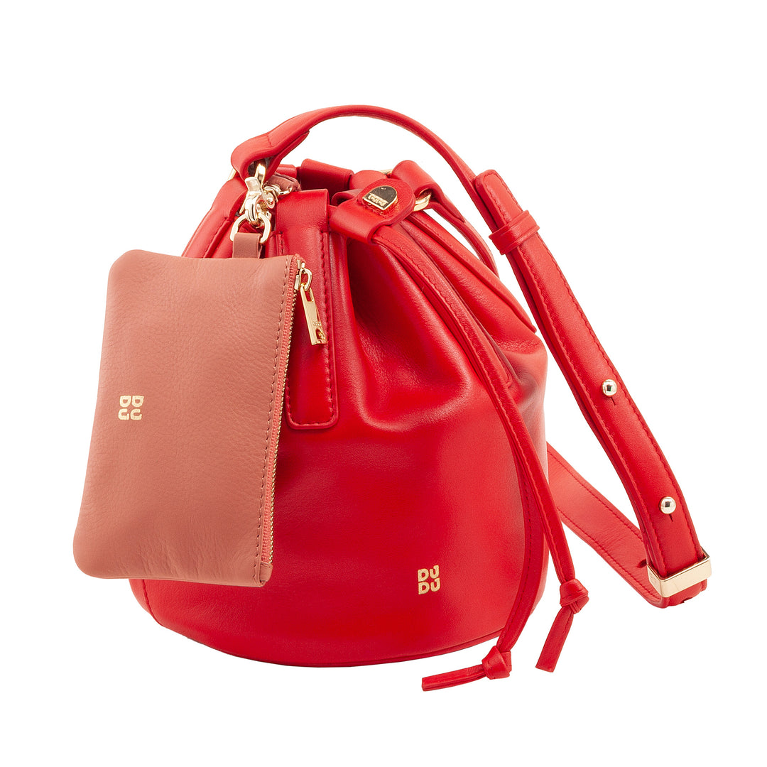 DUDU Women's Small Bucket Bag in Genuine Leather with Adjustable Shoulder Strap and Drawstring Closure - Elegant and Compact Shoulder Bag with Drawstring, Perfect for Everyday Use