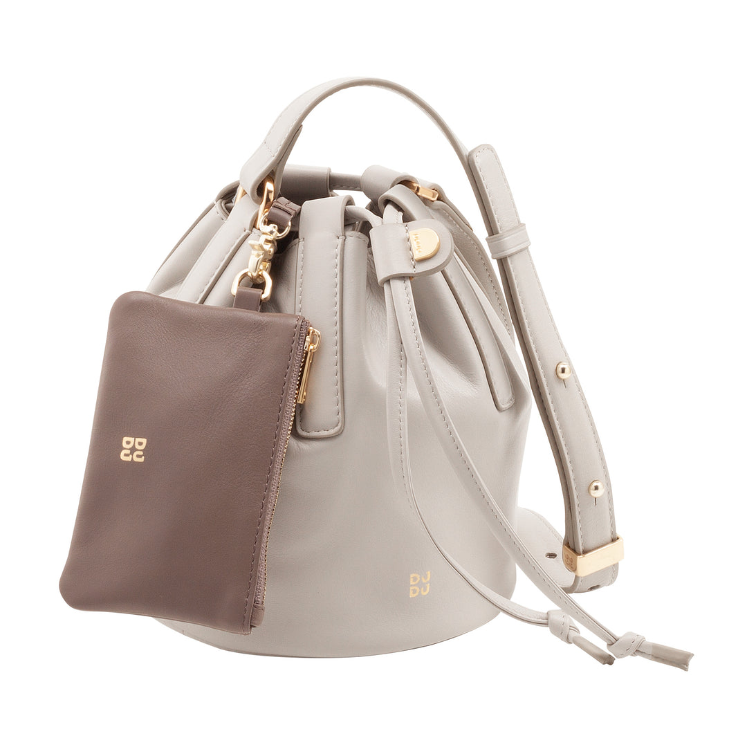 DUDU Women's Small Bucket Bag in Genuine Leather with Adjustable Shoulder Strap and Drawstring Closure - Elegant and Compact Shoulder Bag with Drawstring, Perfect for Everyday Use