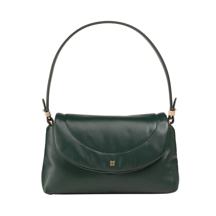 Bolsa feminina pequena DUDU em couro macio, bolsa de ombro acolchoada, bolsa acolchoada com alça de ombro removível e aba