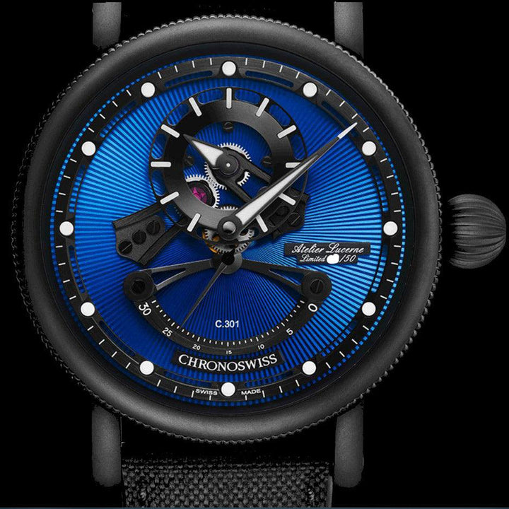 Chronoswiss-Uhr Open Gear Resec Blue On Black Limited Edition 50 Stück 44 mm blauer Automatikstahl DLC-Finish schwarz CH-6925M-EBBK – Capodagli 1937