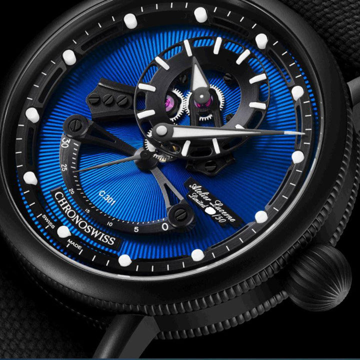 Chronoswiss-Uhr Open Gear Resec Blue On Black Limited Edition 50 Stück 44 mm blauer Automatikstahl DLC-Finish schwarz CH-6925M-EBBK – Capodagli 1937