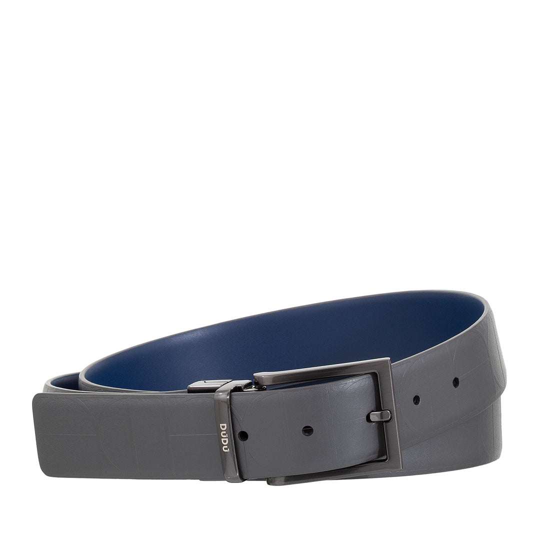 DUDU Men's Reversible Leather Belt, Made in Italy, Adjustable and with Revolving Buckle, Leather with one Printed Side and one Smooth Side