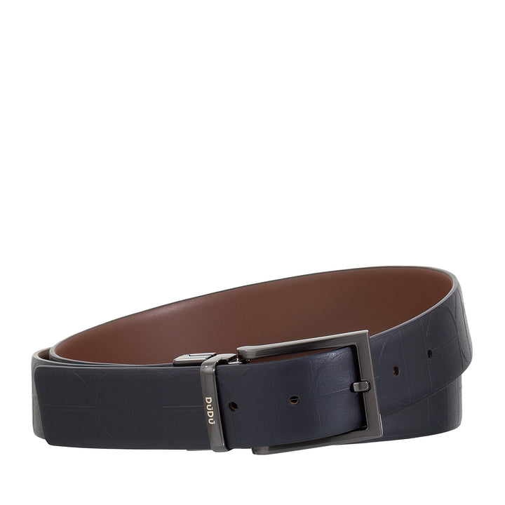 DUDU Men's Reversible Leather Belt, Made in Italy, Adjustable and with Revolving Buckle, Leather with one Printed Side and one Smooth Side