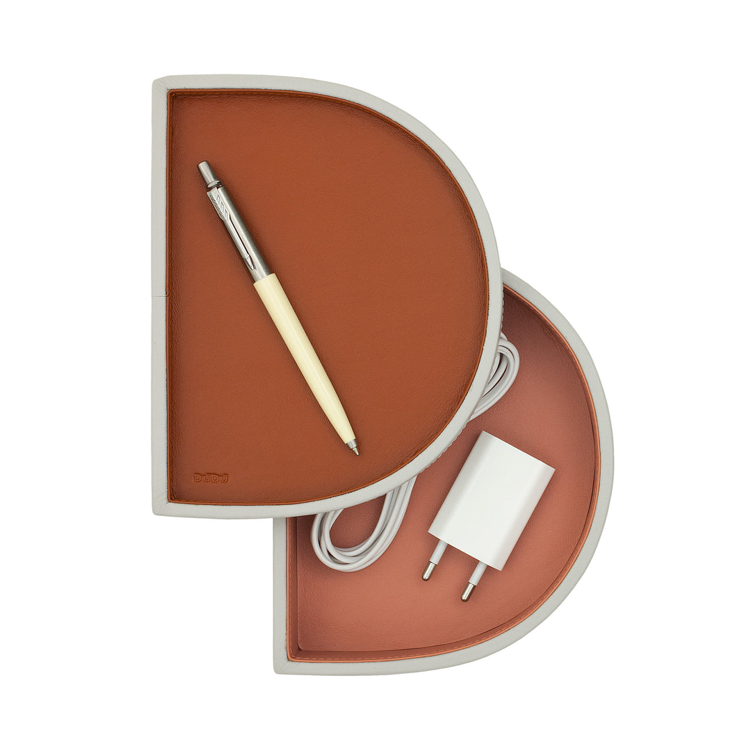 DUDU Bandeja Doble de Bolsillo de Diseño en Piel, Rígida en Forma de D, Bandeja de Escritorio de Entrada, Bandeja Moderna Bicolor