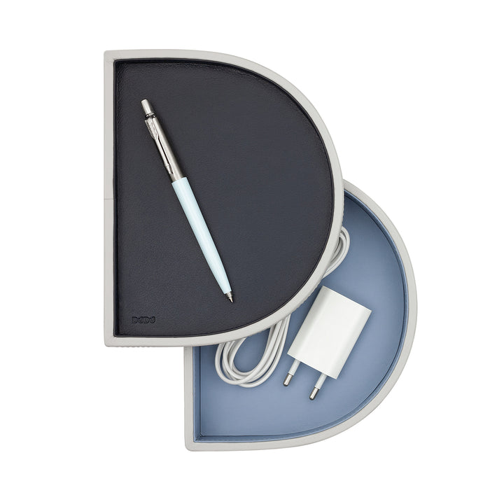 Bandeja de bolso de design duplo DUDU em couro, formato de D rígido, bandeja de mesa de entrada, bandeja moderna de dois tons