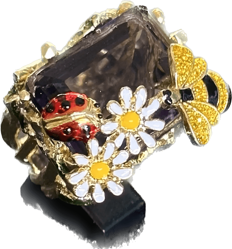 Federica Rossi Ring aus laminierter Bronze aus 18-karätigem Gold mit Gänseblümchen, Marienkäfer und Biene mit amethystfarbenem Kristall FR.AN.05/5 – Capodagli 1937