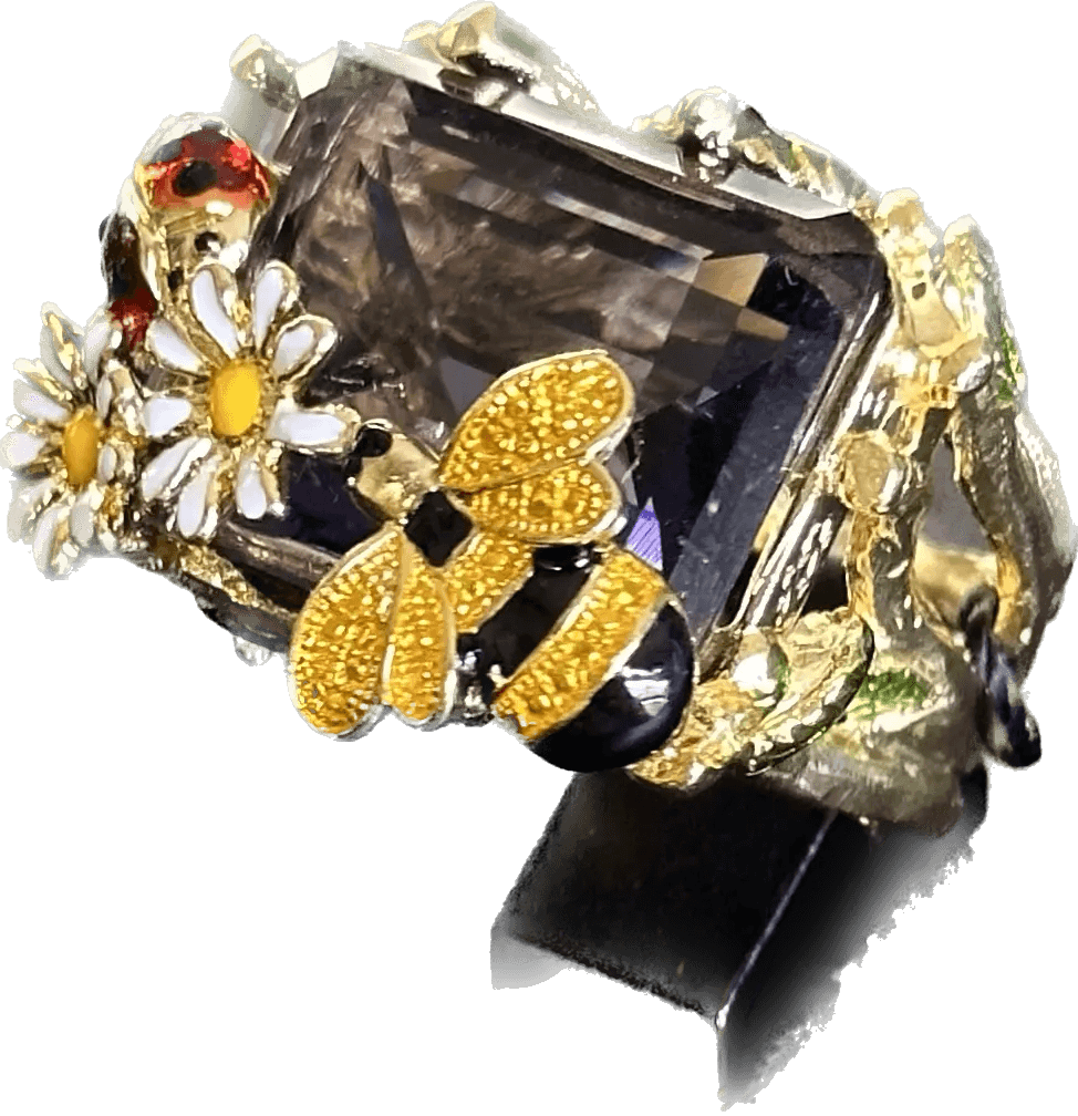 Federica Rossi Ring aus laminierter Bronze aus 18-karätigem Gold mit Gänseblümchen, Marienkäfer und Biene mit amethystfarbenem Kristall FR.AN.05/5 – Capodagli 1937