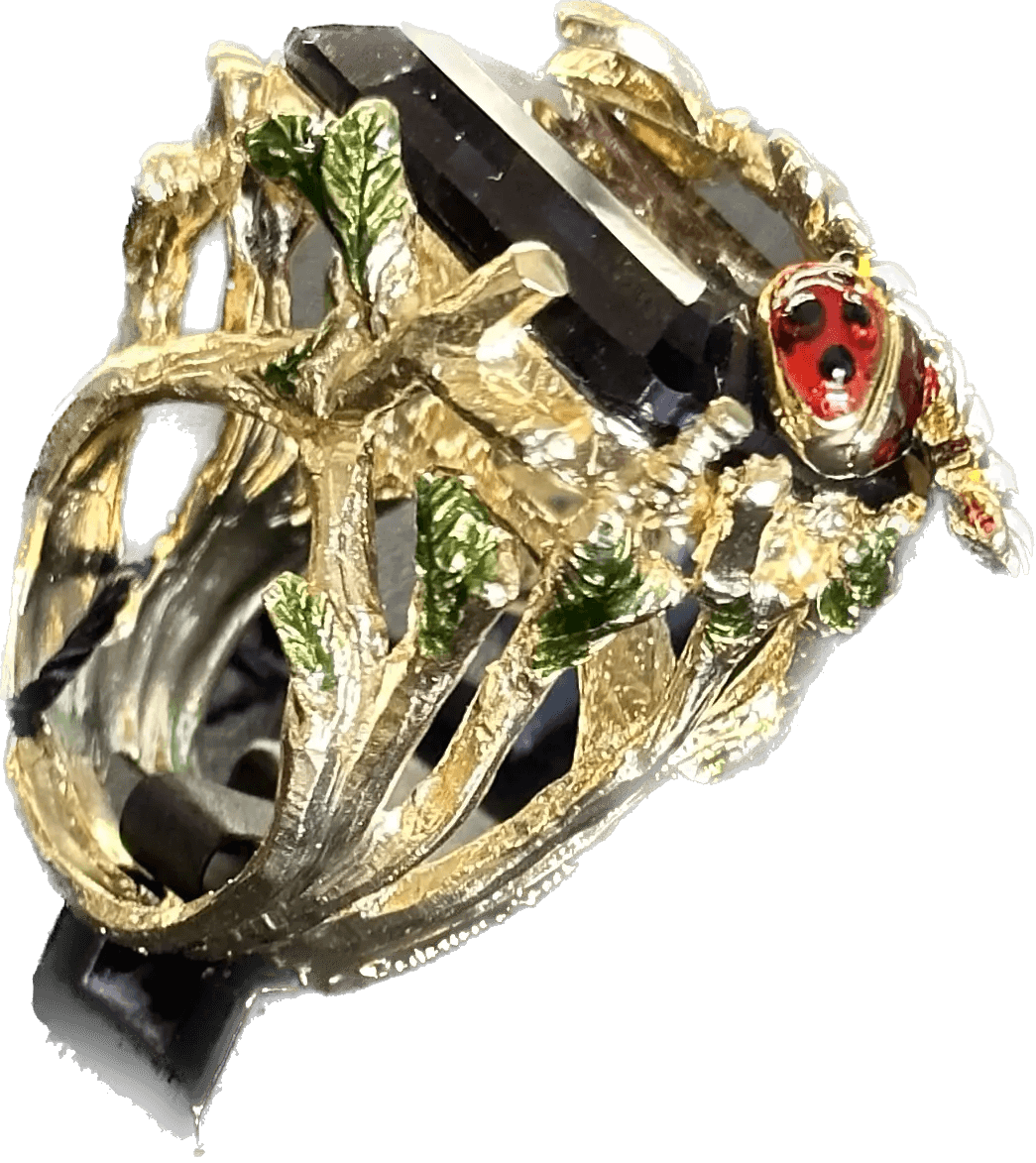 Federica Rossi Ring aus laminierter Bronze aus 18-karätigem Gold mit Gänseblümchen, Marienkäfer und Biene mit amethystfarbenem Kristall FR.AN.05/5 – Capodagli 1937