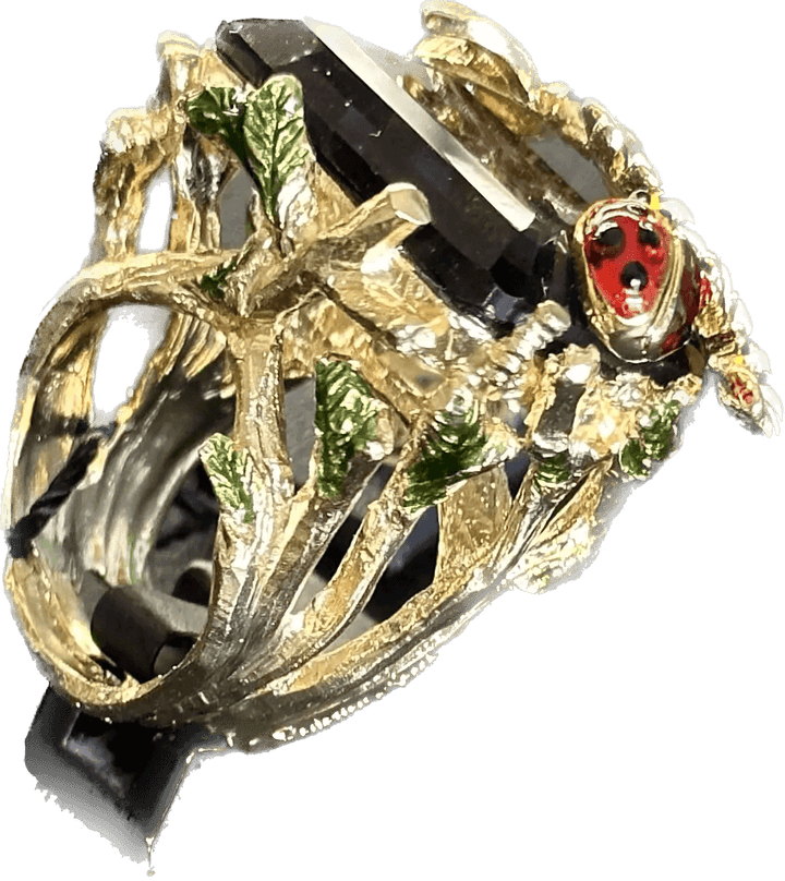 Federica Rossi Ring aus laminierter Bronze aus 18-karätigem Gold mit Gänseblümchen, Marienkäfer und Biene mit amethystfarbenem Kristall FR.AN.05/5 – Capodagli 1937