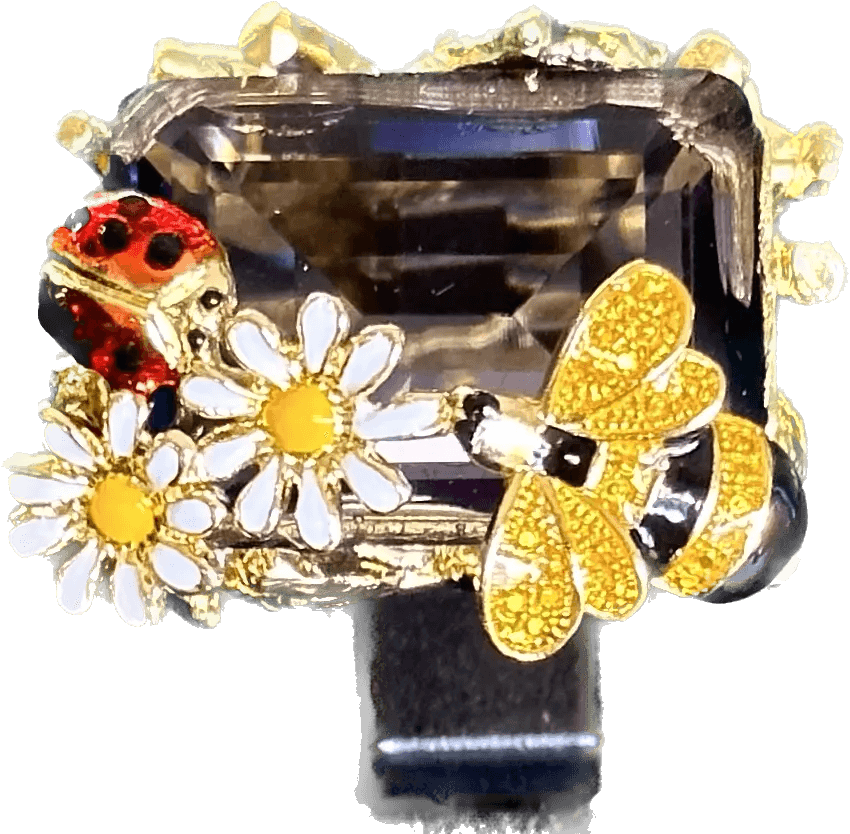 Federica Rossi Ring aus laminierter Bronze aus 18-karätigem Gold mit Gänseblümchen, Marienkäfer und Biene mit amethystfarbenem Kristall FR.AN.05/5 – Capodagli 1937