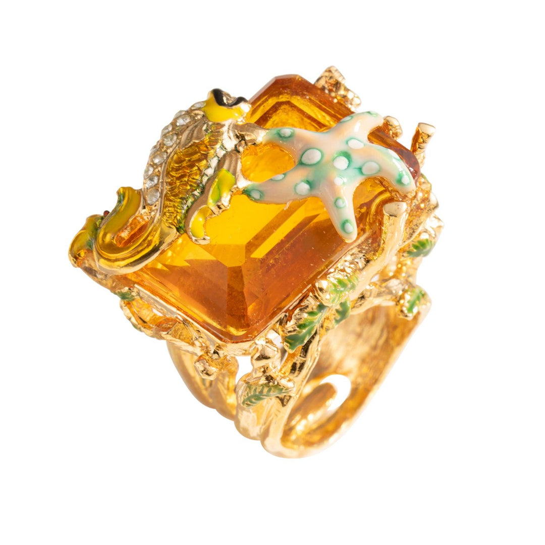Federica Rossi Bague en bronze laminé en or 18 carats avec poisson et étoile de mer avec cristal couleur topaze FR.AN.05/4 - Capodagli 1937