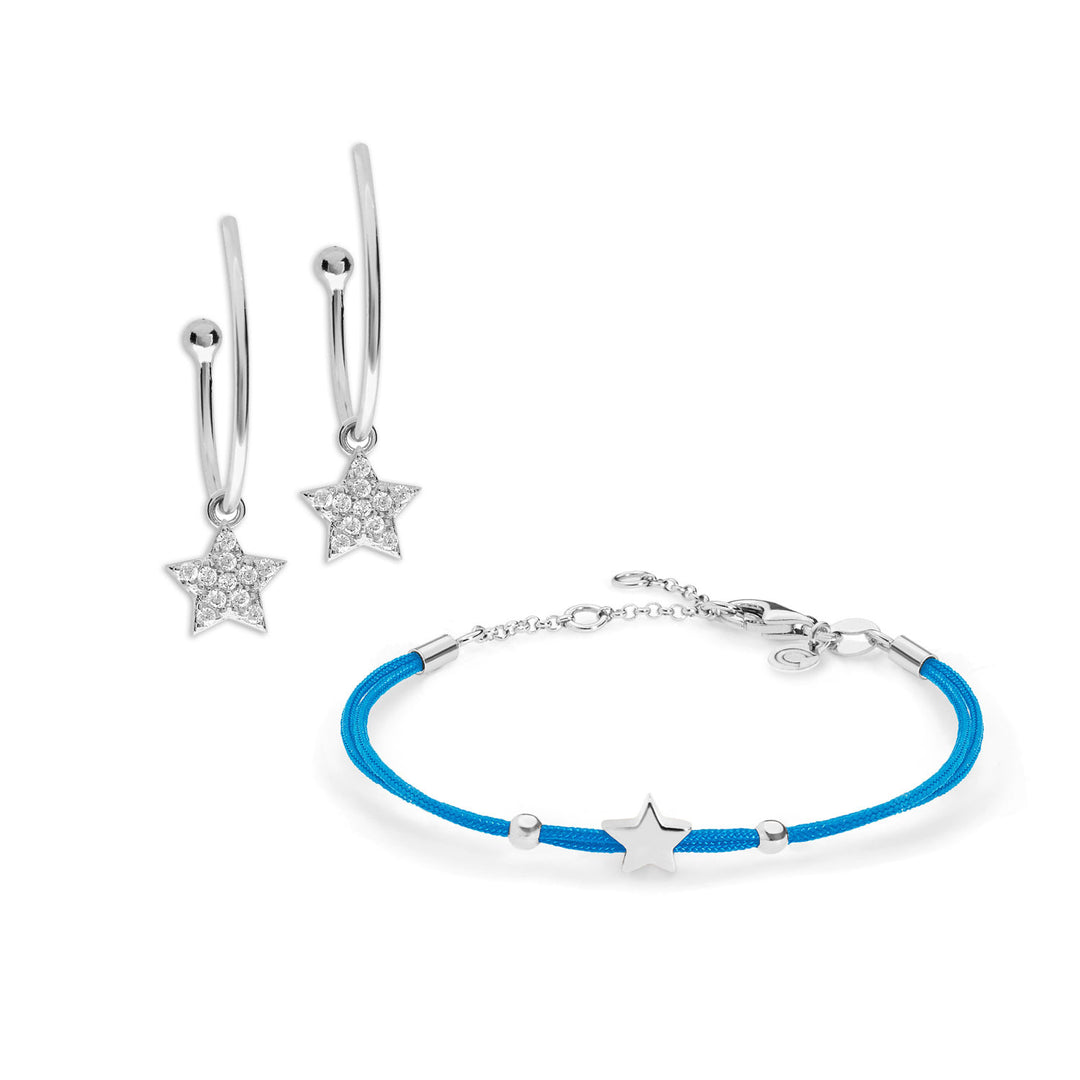 Comete Orecchini e Bracciale Stella in argento cordino azzurro KIT174159
