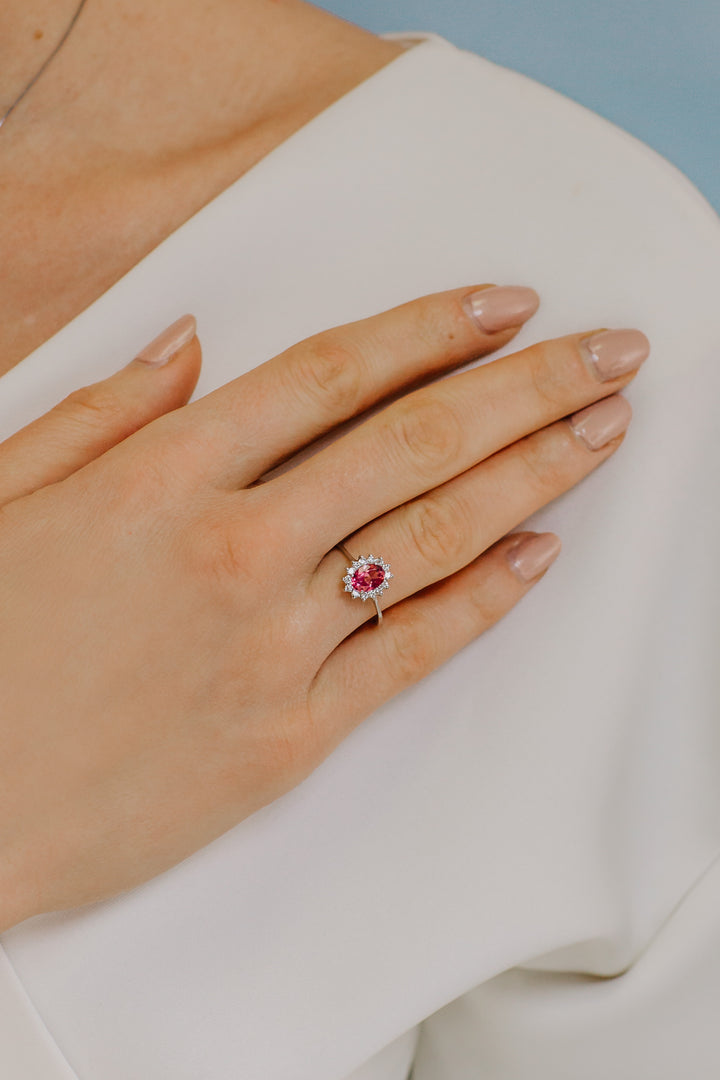 Comete-Goldring mit Diamanten und rosa Topas oval ANB2593