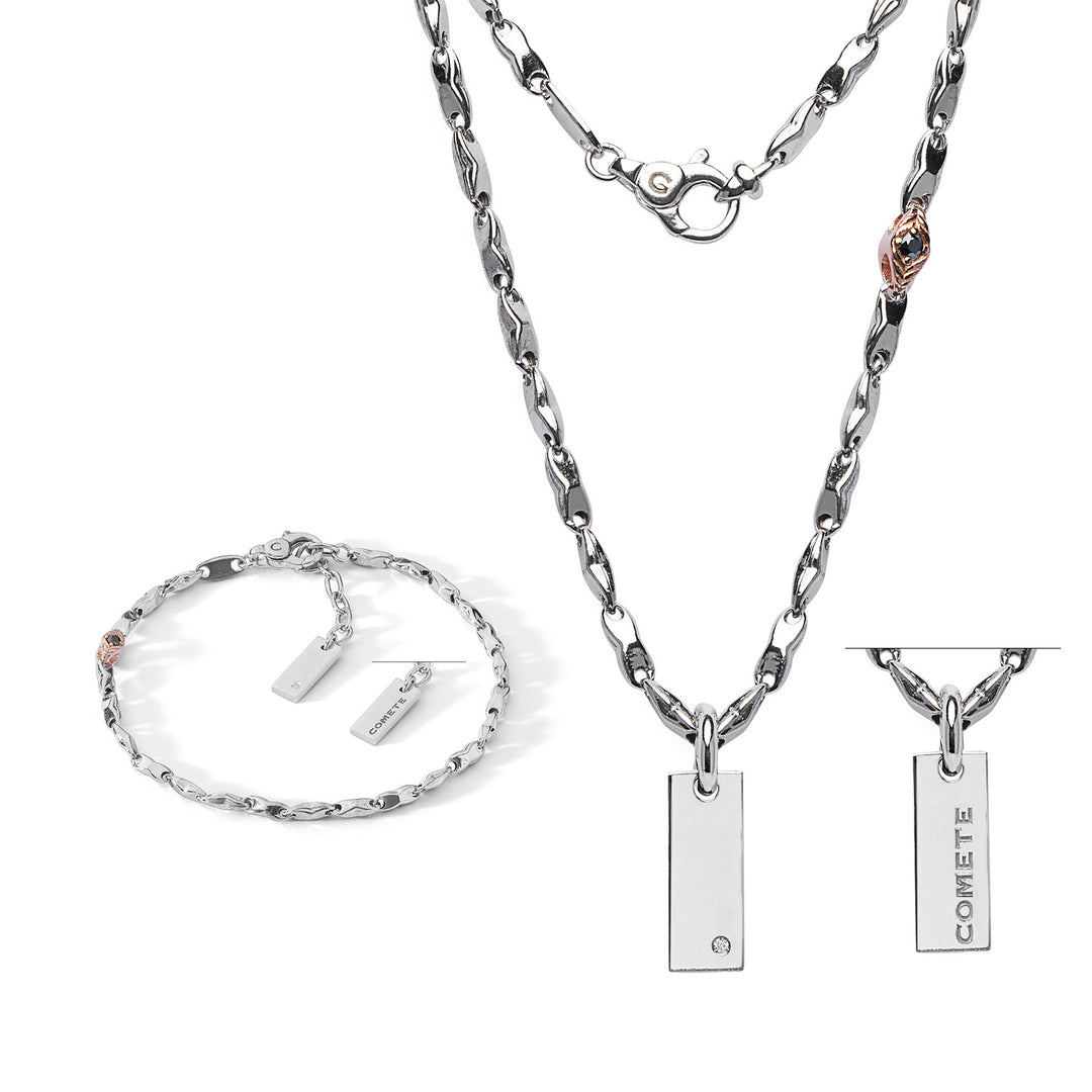 Comete Bracciale e Collana in Argento lucido e rosè, Diamante e Spinelli neri KIT7501258
