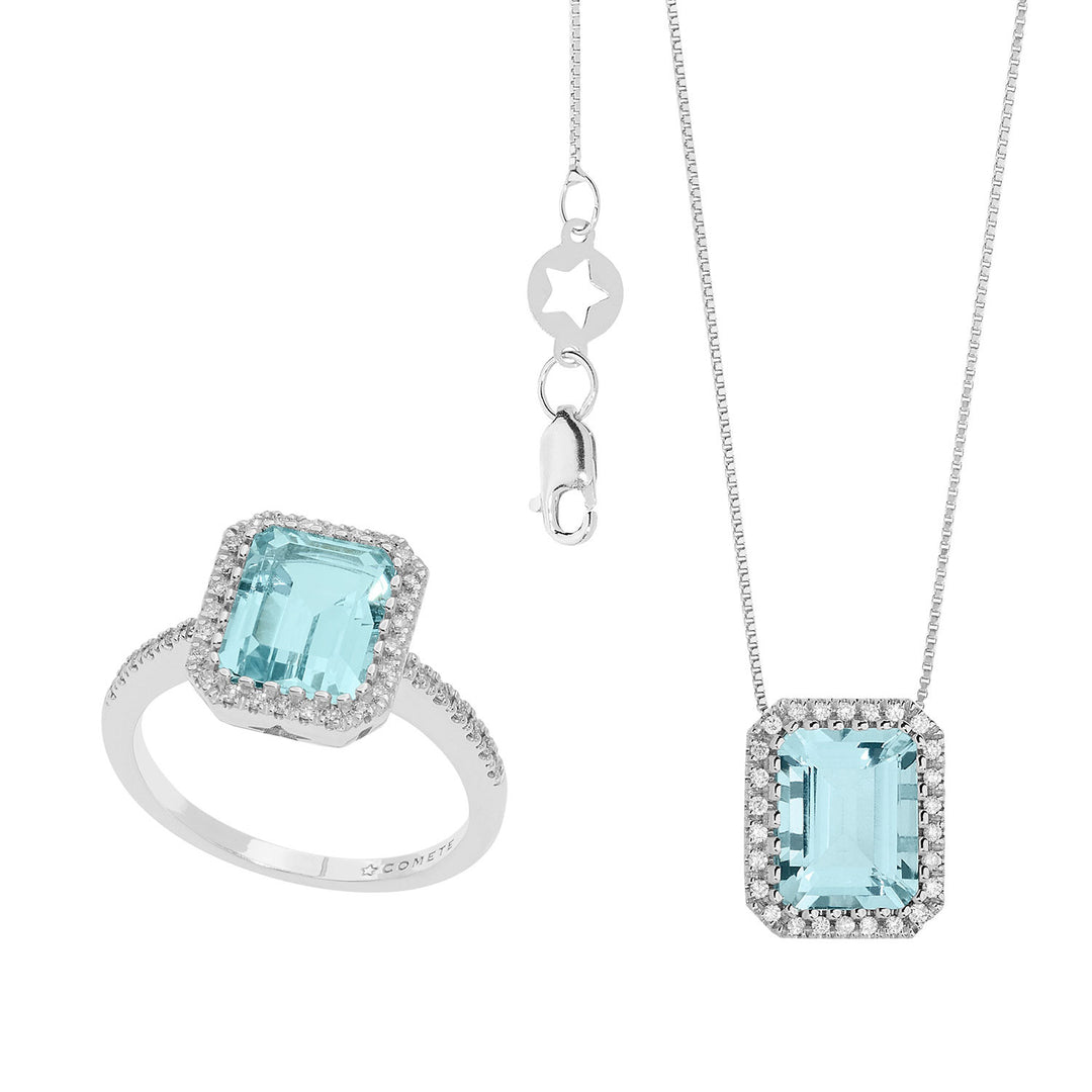 Comete Collana e Anello in Oro Diamanti e Acquamarina ottagonale KIT303339