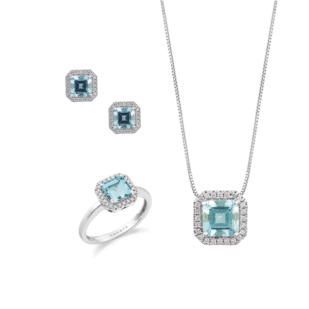 Comete Collana, anello e orecchini in Oro bianco e Diamanti Acquamarina ottagonale KIT312347269