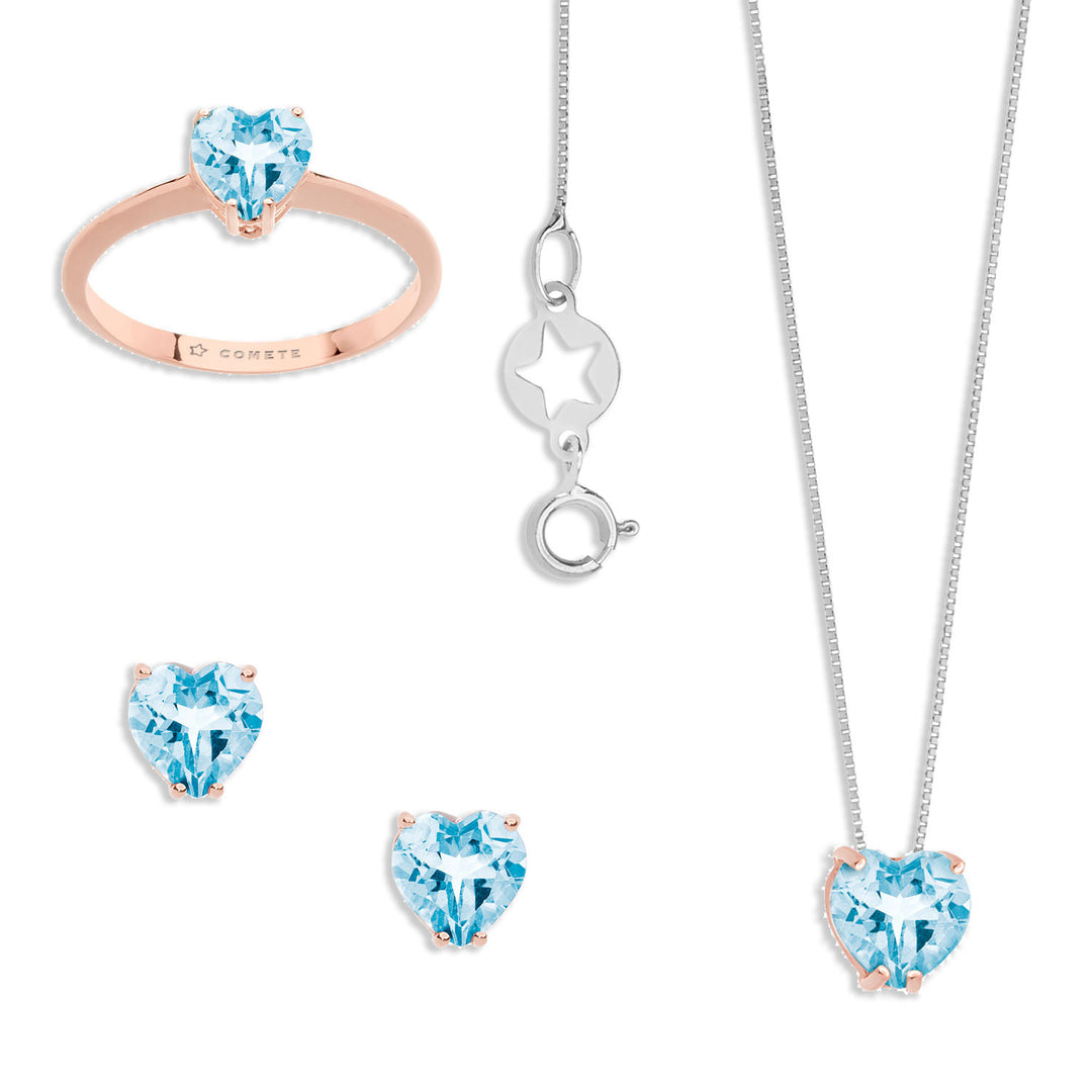 Comete Collana, Anello e Orecchini in Oro rosè e Topazio Azzurro Cuore KIT154625441014