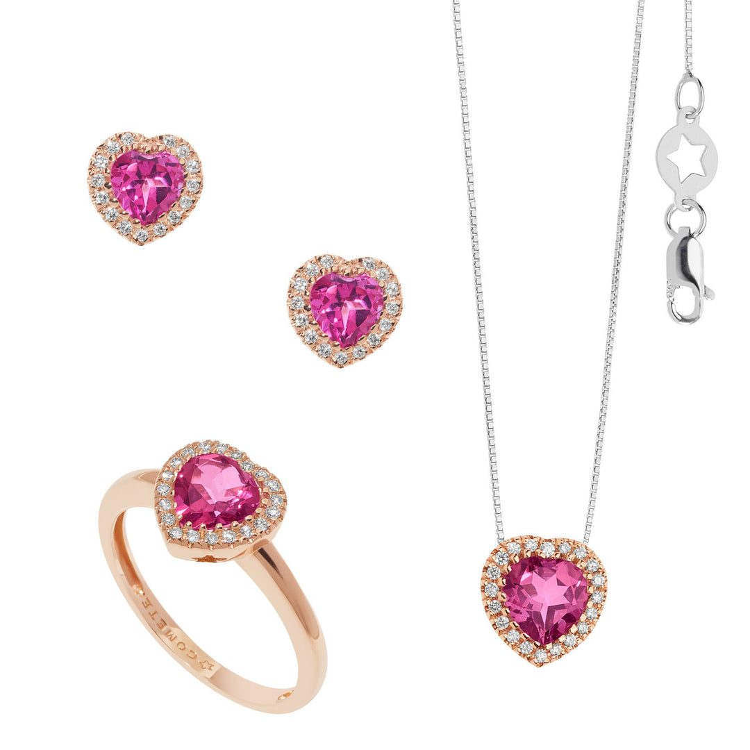 Comete Collana, Anello e Orecchini in Oro Diamanti e Topazio Rosa cuore KIT157825921036